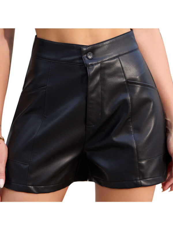 Women High Waist Sexy Faux Leather Shorts Button Zip Fly Fitted Shiny PU Short Pants with Pockets 1