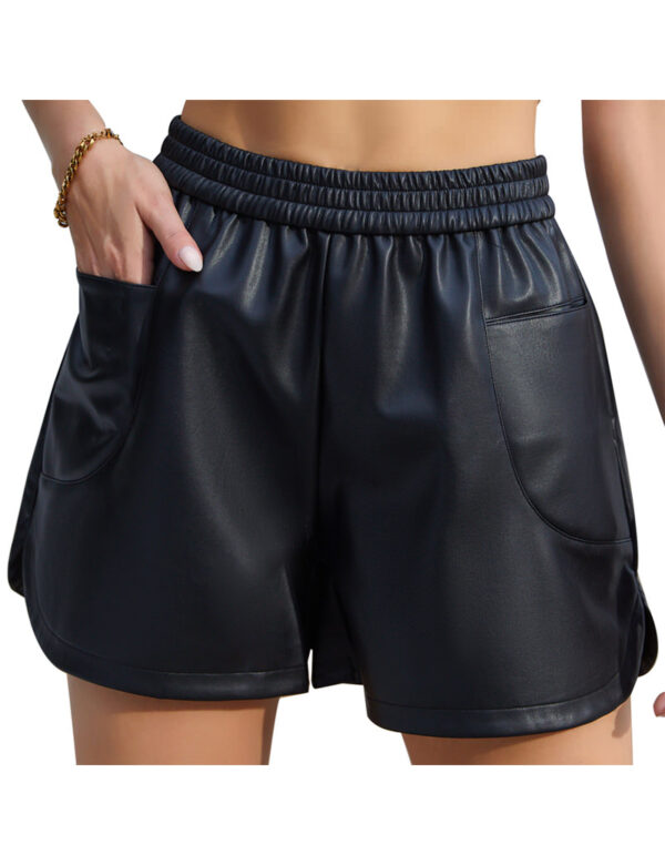 Women High Waist Sexy Faux Leather Shorts Elastic Split PU Short Pants with Pockets 1